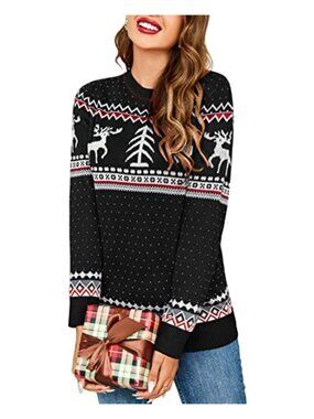 Ugly Christmas Sweater Cute Funny Christmas Tree Reindeer Knit Pullover Women